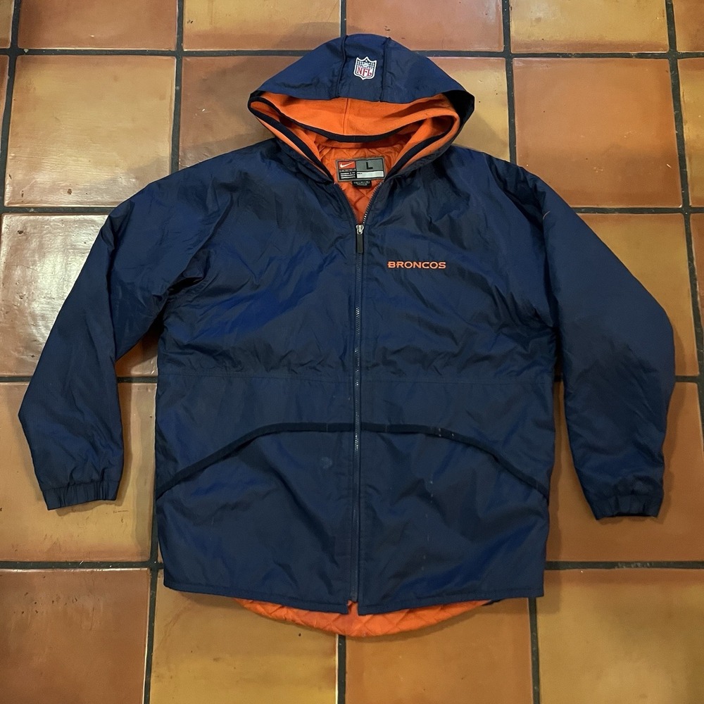 Men's NIKE Broncos Winter Jacket Double Hooded Zip Up Navy Blue Orange Size L